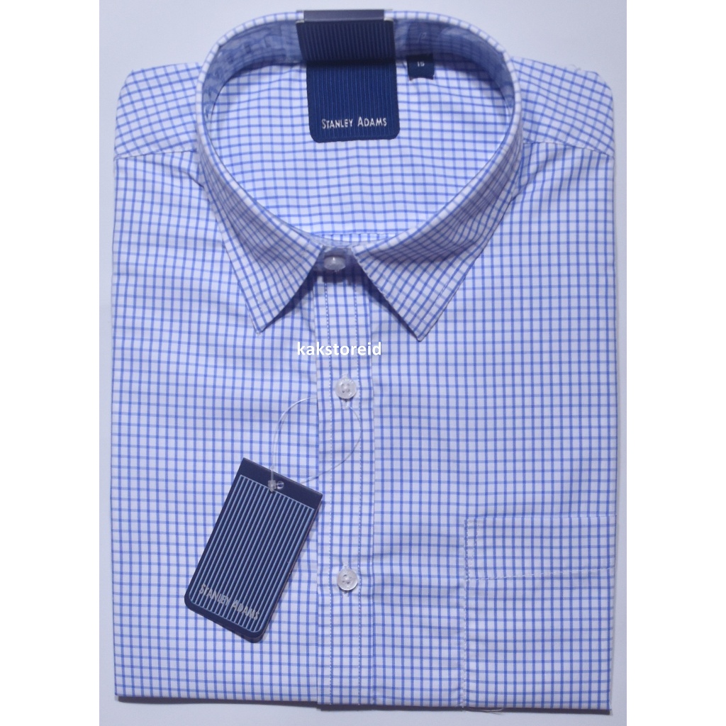 STANLEY ADAMS Kemeja Pria Biru Kotak Kotak Lengan Pendek Formal Size 17 dan 17,5  Reguler SAR 339