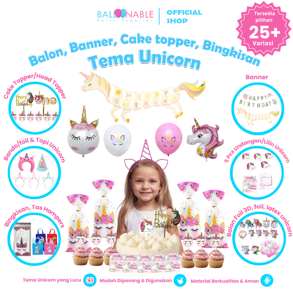 Balon Unicorn / Lilin / Banner / Cake Topper / Tas Hampers Dekorasi Ulang Tahun Unicorn