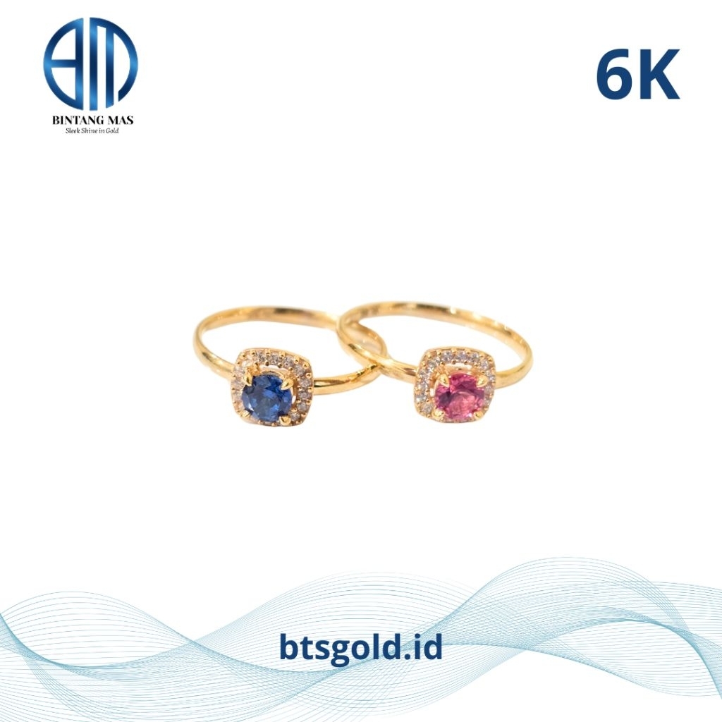 Cincin Solitare Persegi Permata Biru dan Pink Emas Asli