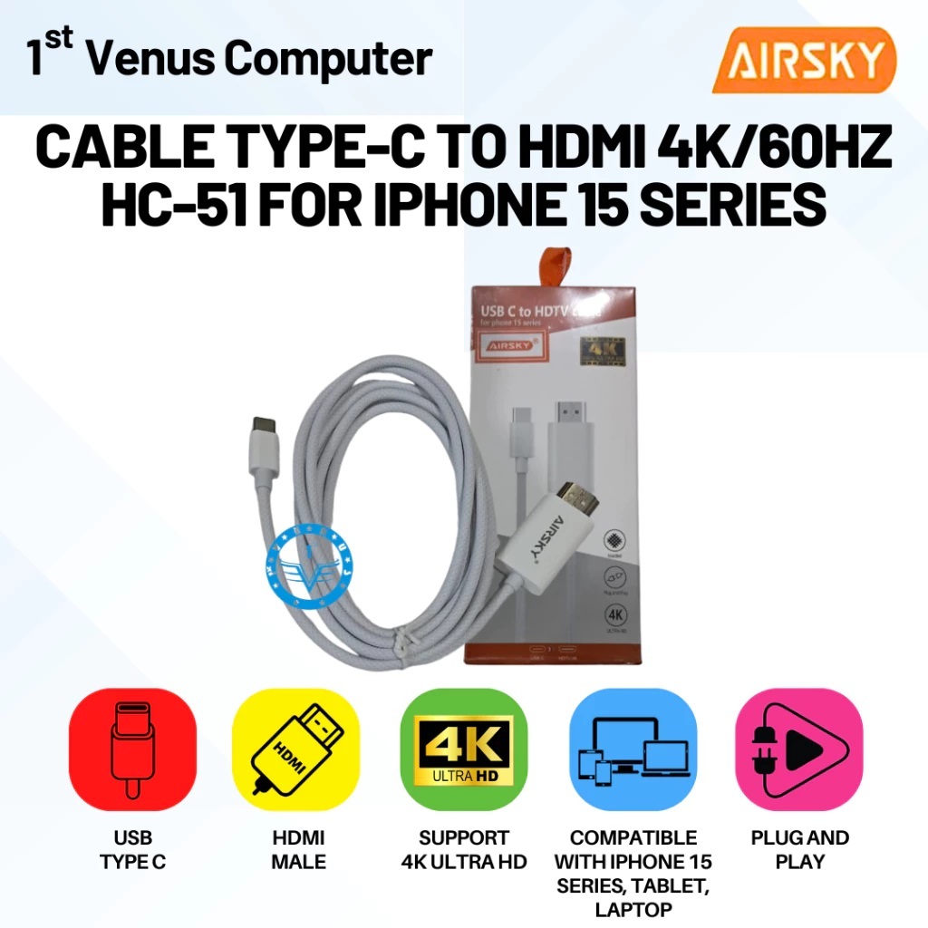 KABEL HDTV MIRRORING USB TYPE C TO HDMI 4K 60Hz FOR Samsung - Huawei - Iphone 15 series - Tablet - L