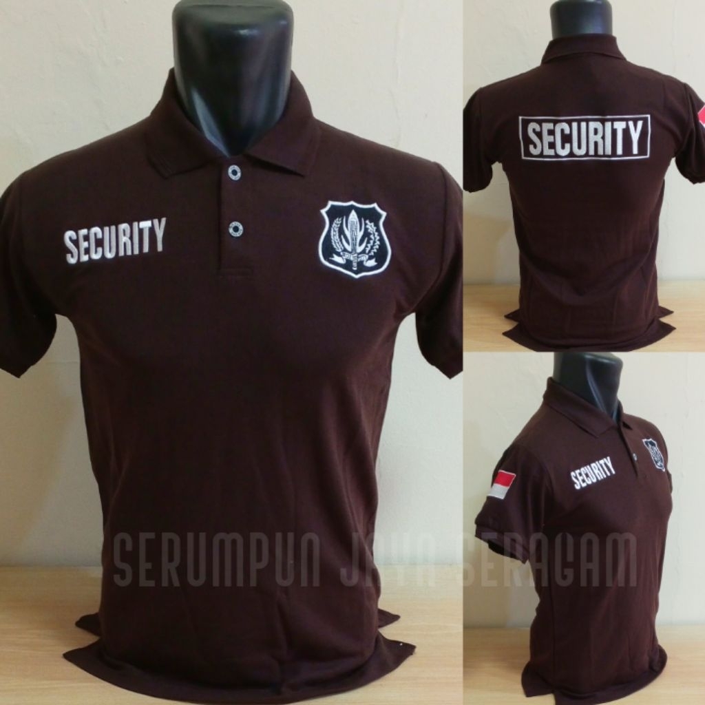 KAOS SECURITY COKLAT LOGO PUTIH FULL BORDIR - KAOS KERAH SECURITY COKLAT LOGO PUTIH LENGAN PENDEK BO