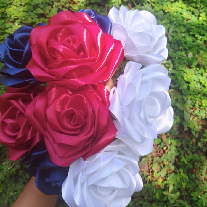 bunga mawar pita satin+tangkai diameter 8 cm, bunga mawar pita satin 4 cm