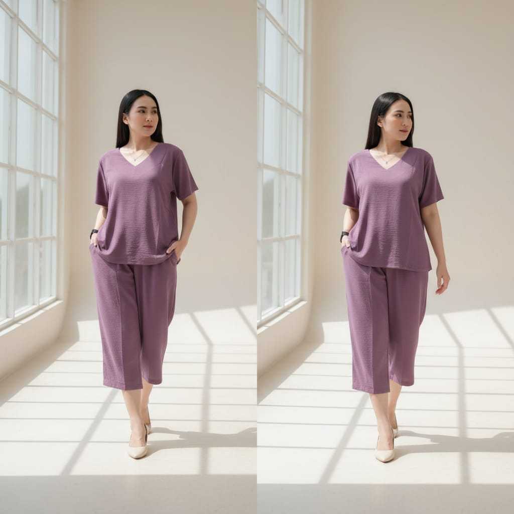 PROMO Setelan Wanita Jumbo Crinkle Airflow Polos Terbaru – Baju Santai Rumah & Jalan, Adem Nyaman