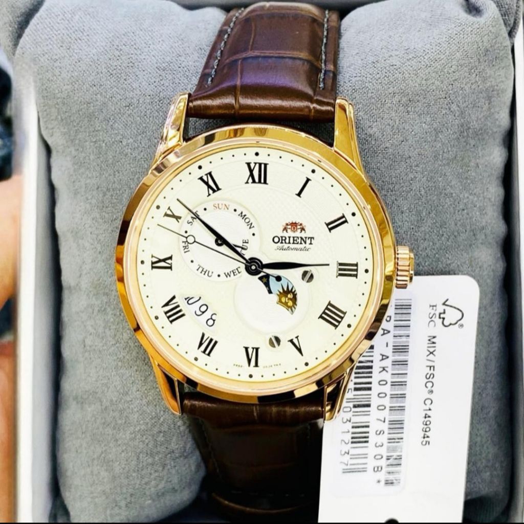 JAM TANGAN PRIA ORIENT RA-AK0007S SOPHISTICATED SUN MOON GOLD BROWN LEATHER