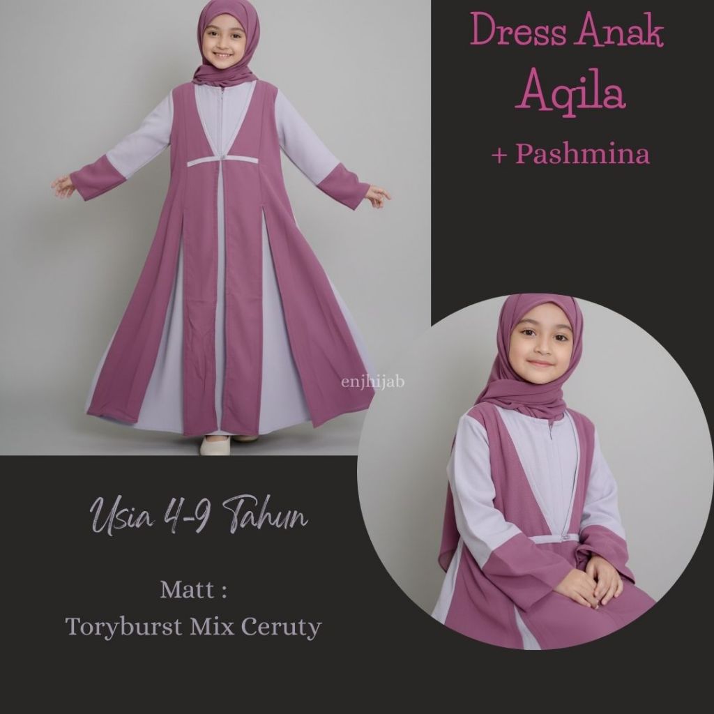 Gamis Syari Anak Perempuan Aqila Set Pashmina Instan Bahan Flowly Premium 4-10 Thn