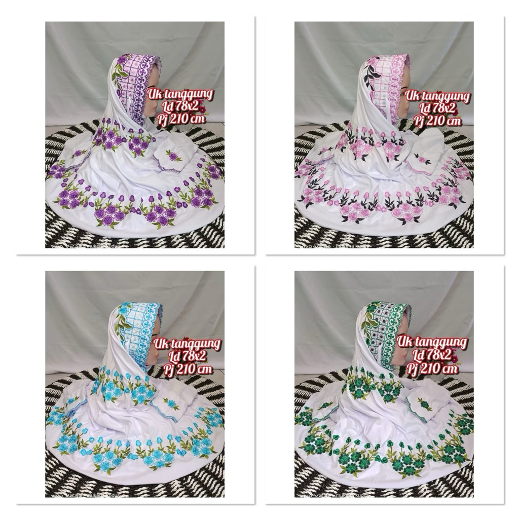 mukena terusan warna putih motif bunga