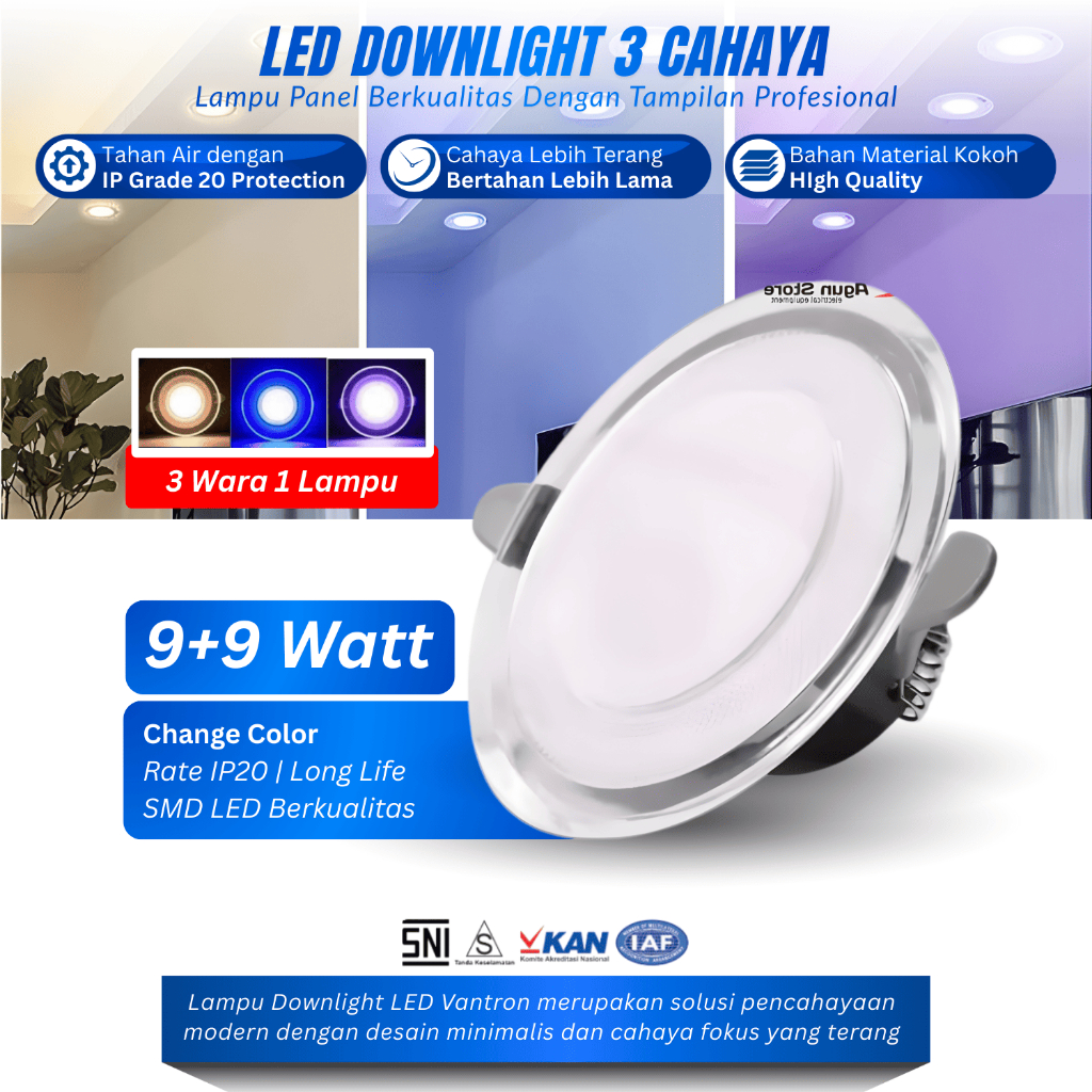 Lampu Downlight LED 3 Warna Kuning Biru Ungu 9 Watt Vantron Lampu Panel LED Downlight Warna 9+9 Watt