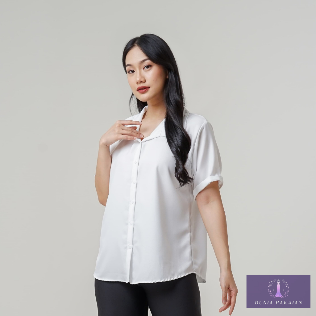 6pcs - Kemeja Polos Wanita Lengan Pendek Ukuran S-XXXL Kemeja Cewek Premium Dewasa Shakila Putih Hit