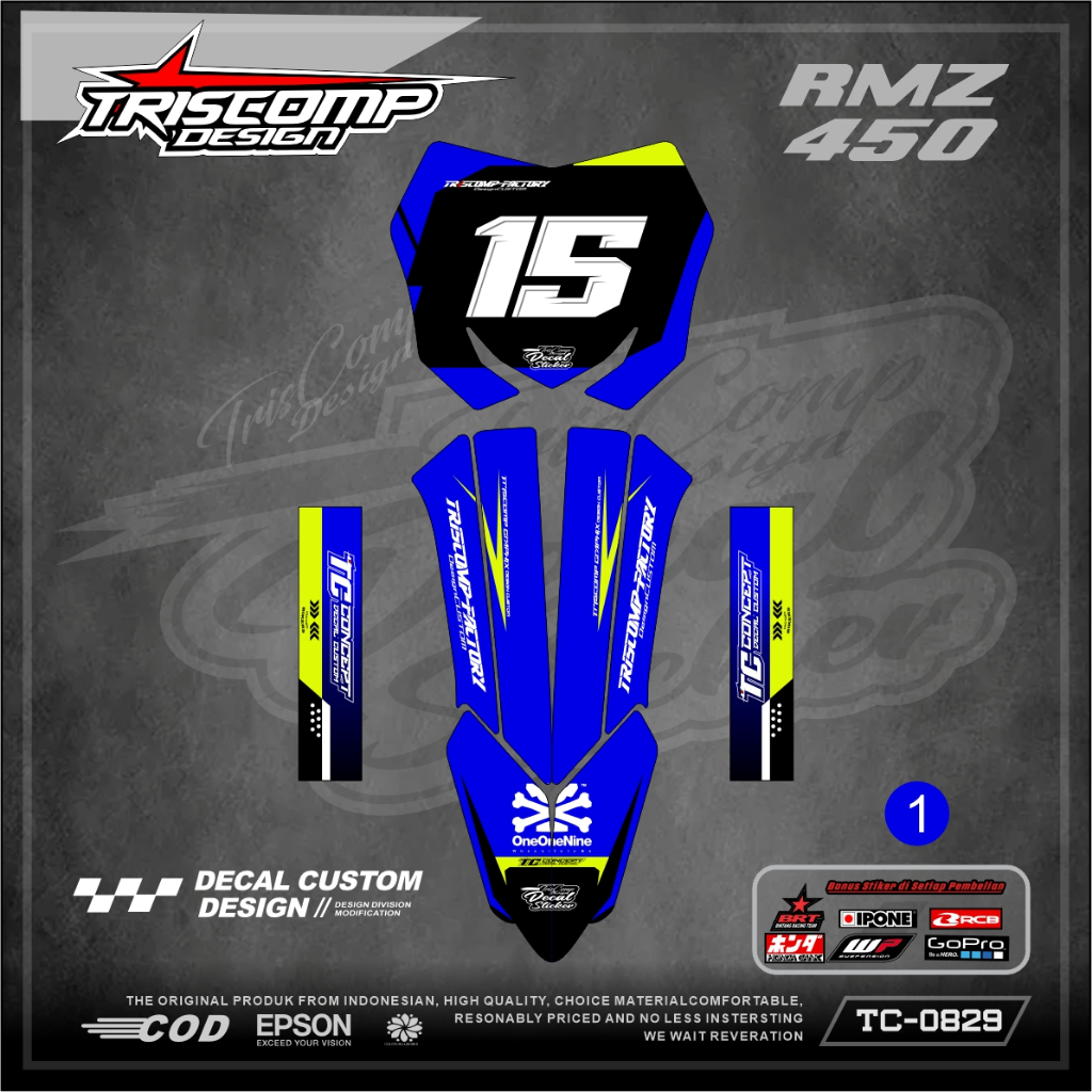 STICKER PAPAN NOMOR START DAN SPAKBOR DEPAN RMZ 450 TERBARU BONUS COVER SHOCK UNIVERSAL DECAL PAPAN 