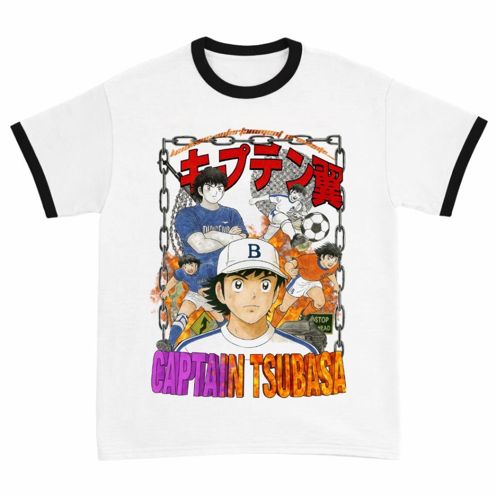 Psycho Crucify "Captain Tsubasa" Ringer Tee | List Red / Black | Katun 24s | Kaos Pria Wanita