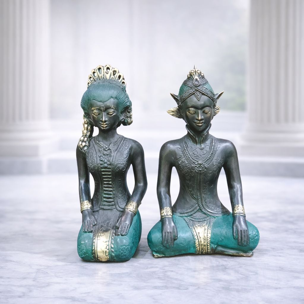 Sepasang Patung Koleksi Tradisional Jawa Duduk Berlutut | Dekorasi Seni Etnik Elegan & Berwibawa