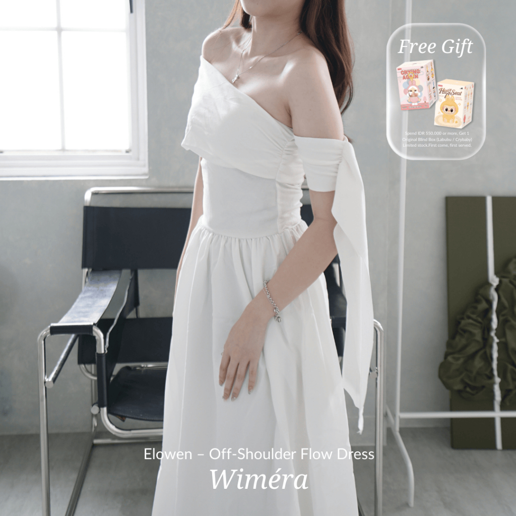 Elowen – Off Shoulder Flow Dress | white dress wanita elegan | gaun wanita simple elegan | Wimera
