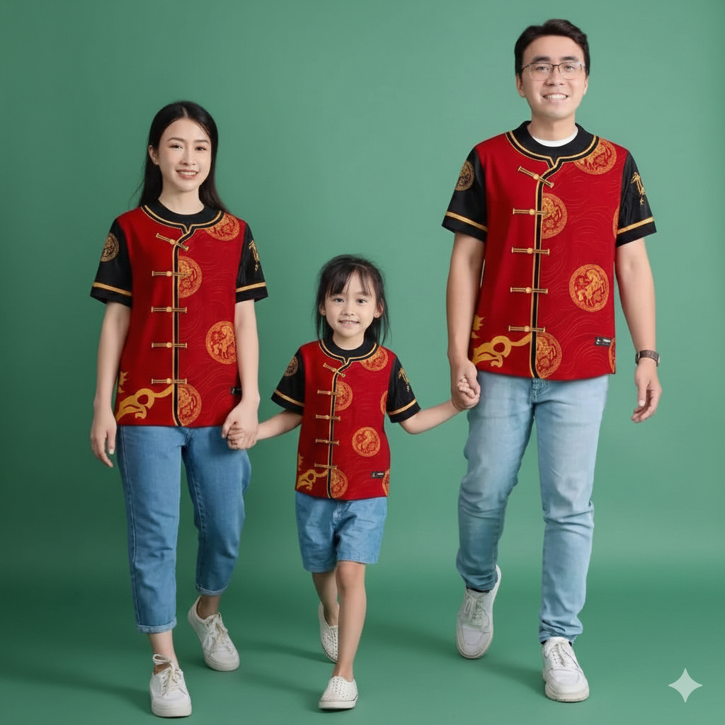 Jersey Kaos T-Shirt Imlek 2026 Seragam Keluarga Custom Nama Shio Kuda Api Baju Cheongsam Pria Wanita