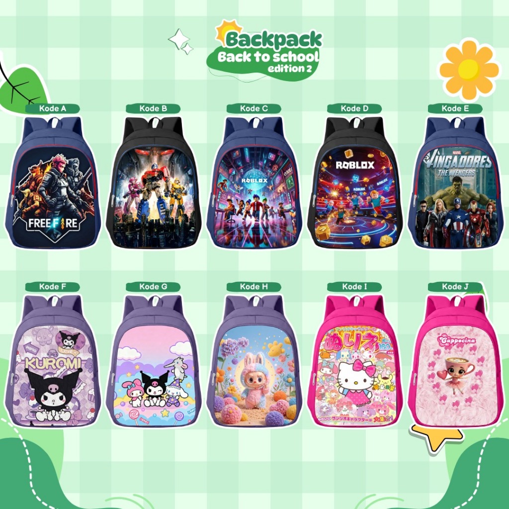 TAS RANSEL SEKOLAH ANAK TK-SD SUBLIM KARAKTER//TAS ANAK FREEFIRE HELOKITY KUROMI AVENGER  ROBLOK TRA