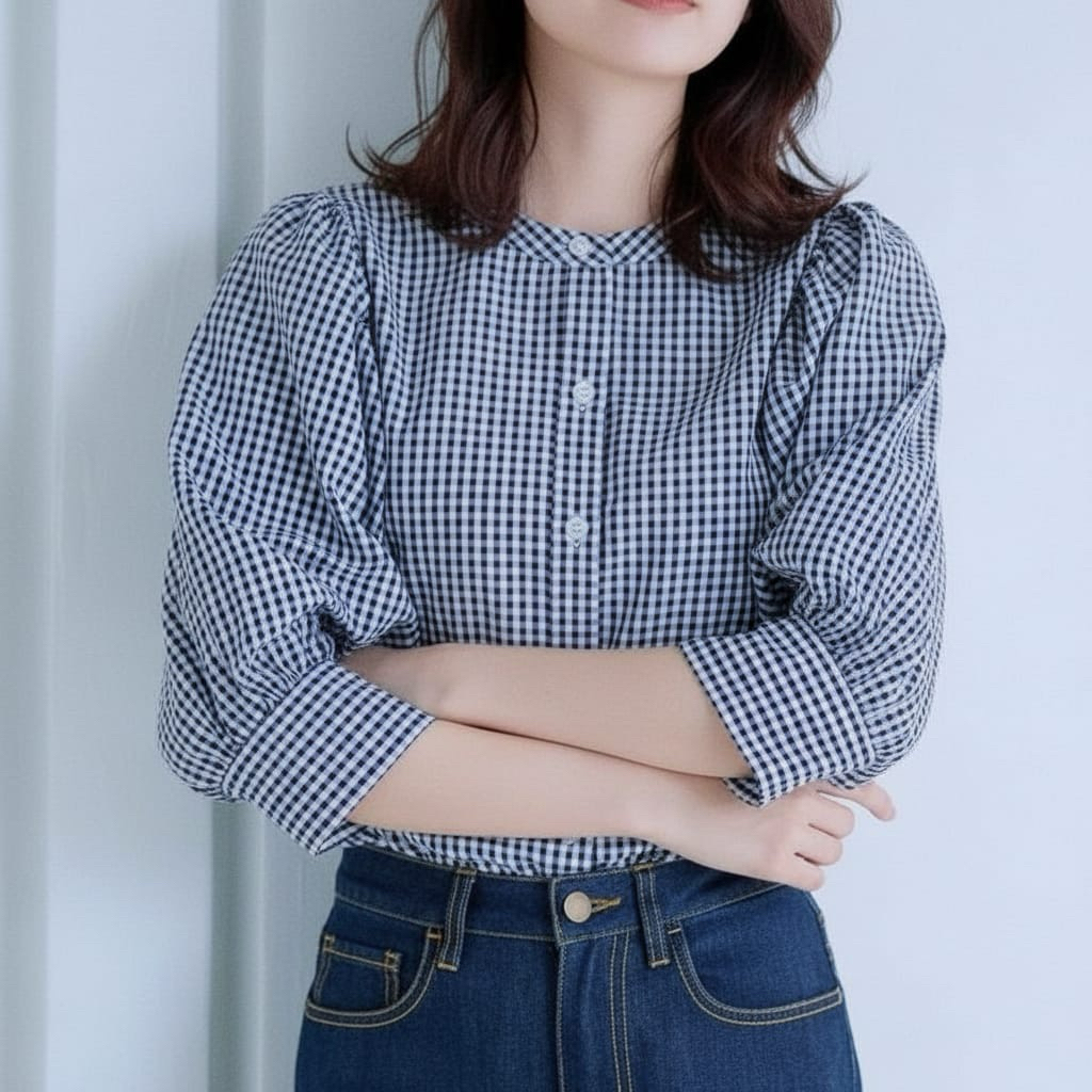 BLOUSE PUFFY MOTIF KOTAK-ATASAN WANITA KEKINIAN LENGAN BALON 3/4 CASUAL SANTAI FORMAL NYAMAN