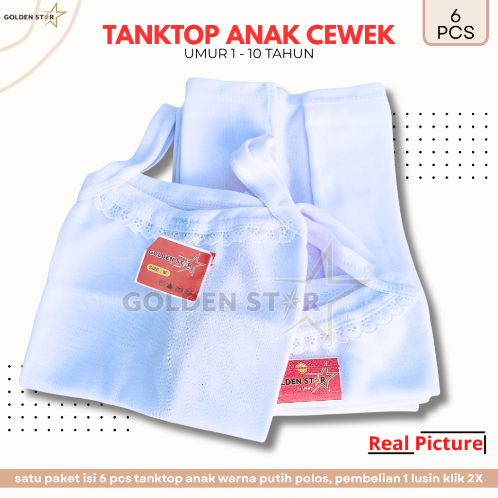 12 Pcs Tanktop Anak Perempuan 3-9 Tahun Warna Putih - Kaos Dalam Anak Perempuan / tanktop anak cewek