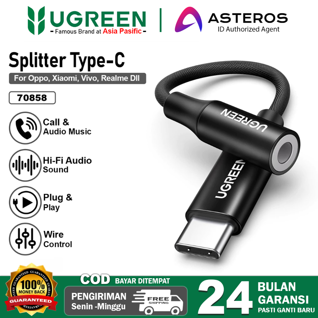 UGREEN Converter Splitter Type C To Jack 3.5mm For Oppo Mi Realme Vivo Audio Call, Open Mic Game