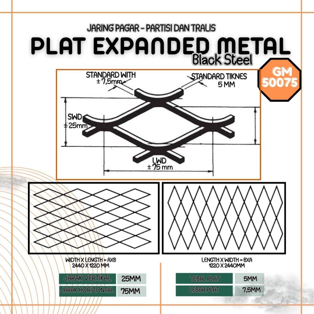 Plat Expanded Metal GM50075 | Jaring Besi Industri & Konstruksi
