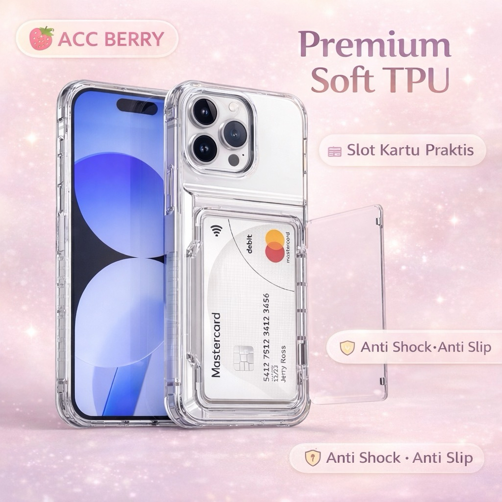 (NEW) CASE IPHONE 16 MAGIC DOOR CARD CASE/LARGE CARD HOLDER CASE TRANSPARANT