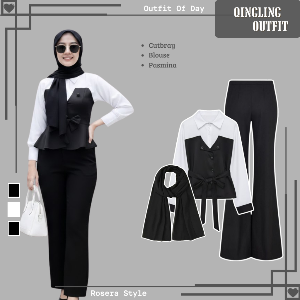Outfit Set Fashion Korea Kekinian (Blouse+Cutbray+Pasmina) Setelan One Set Remaja Ootd qingling_RS51