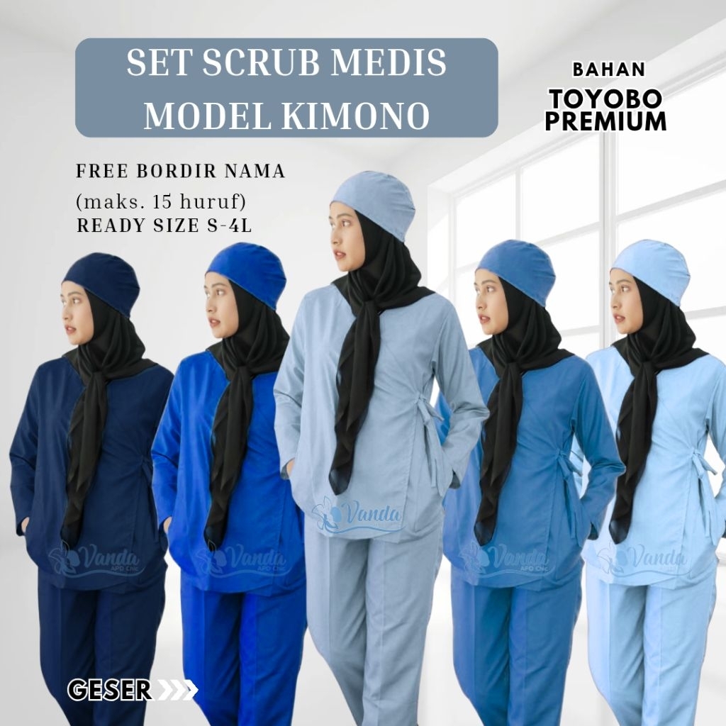 Baju Jaga Set Kimono Scrub Medis Bahan Toyobo Premium Blue Series—Seragam Nakes Perawat/Dokter Free 