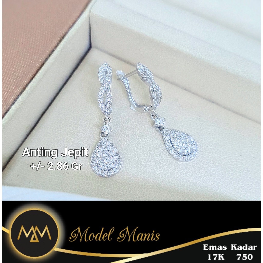 Model Manis Gold - Anting Jepit Water Drop Luxury Putih - Emas 17k 750