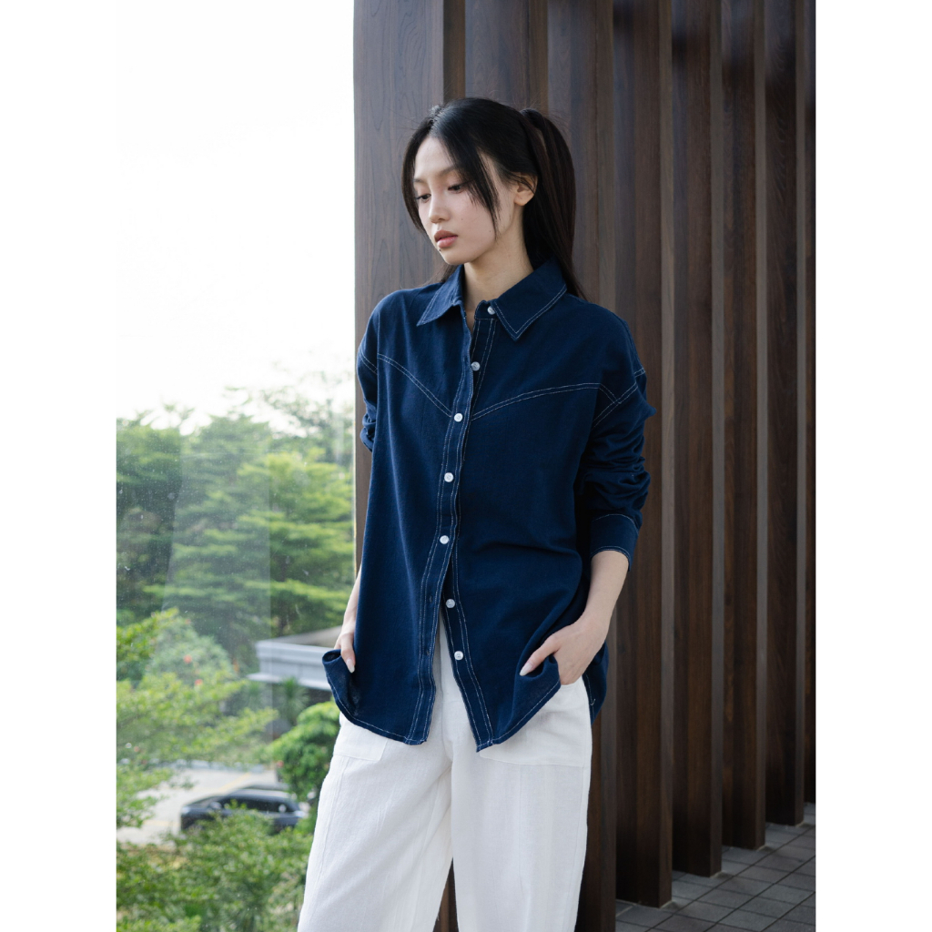 ASOKA Vine Shirt 3305 - Atasan Wanita Kemeja Long Sleeve Basic Shirt Contrast Stitch Linen
