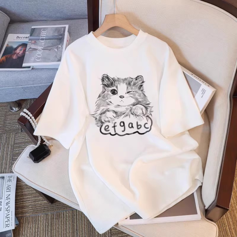 Kaos T-shirt Wanita Oversize Motif Kucing Sketsa Anti Luntur