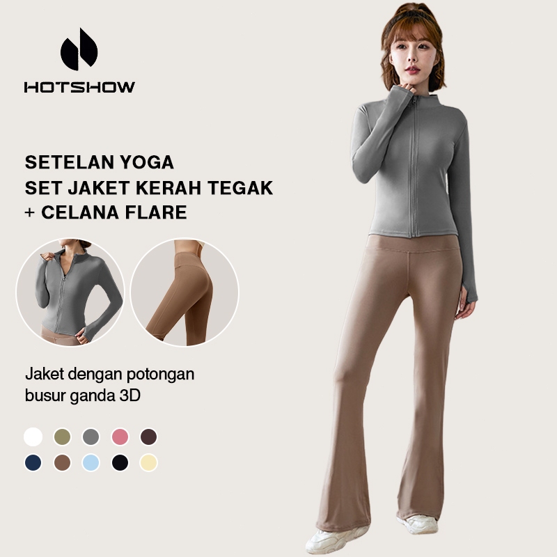 Setelan Olahraga Wanita Jaket Lengan Panjang Anti UV Dan Celana Cutbray Pinggang Highwaist Flare Pan