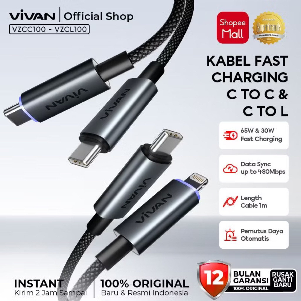 VIVAN VZCL100 CABLE TYPE C TO LIGHTNING 30W AUTO POWER OFF DATA CABLE