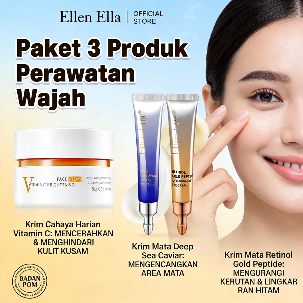 ELLEN ELLA Krim Mata Pagi Malam Retinol Anti Aging Mengurangi Kerutan Vitamin C Cream Serum Set Glow
