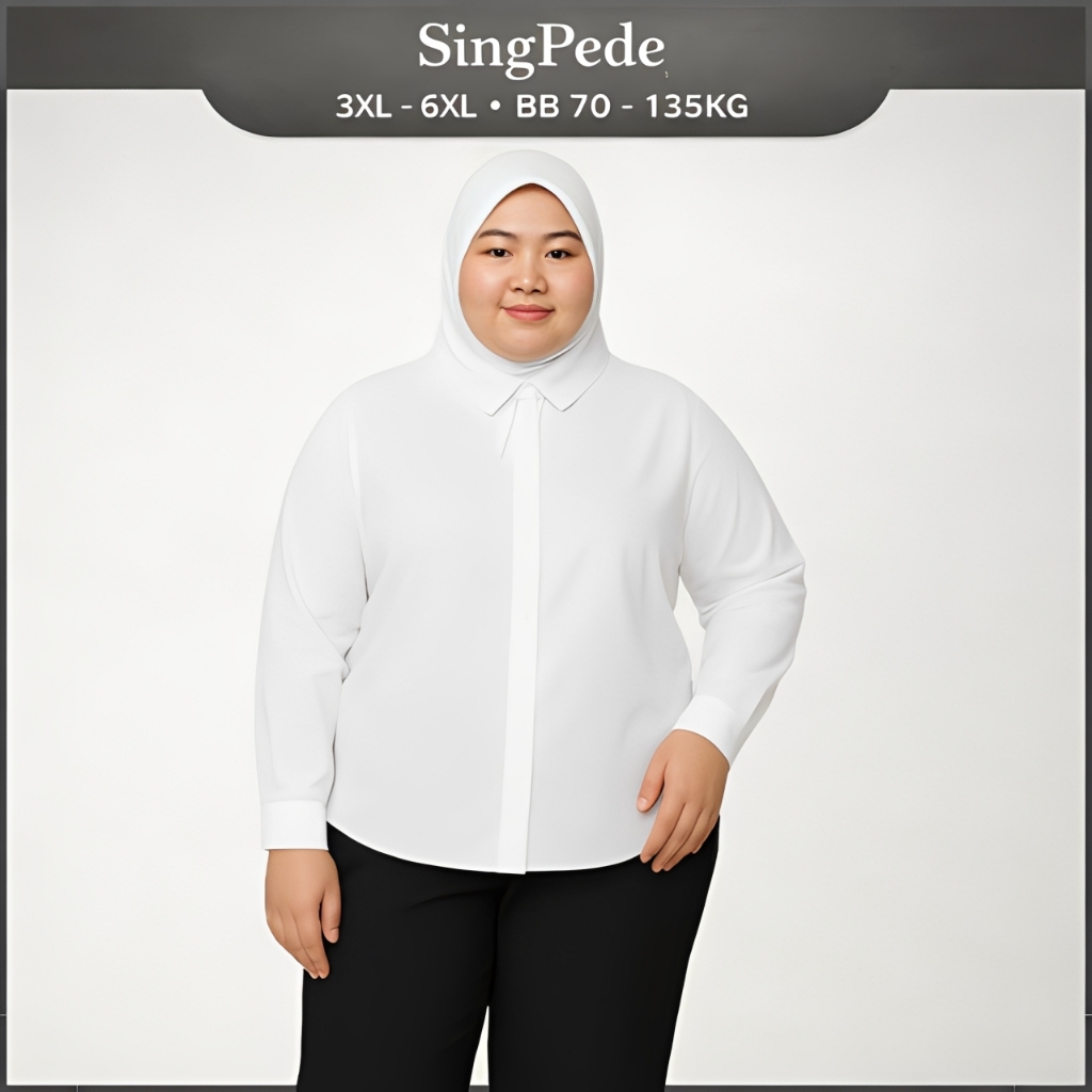 Kemeja Putih Wanita Lengan Panjang Polos Basic Oversize Jumbo LD 120 130 140 150 BB 70-135KG HemClo