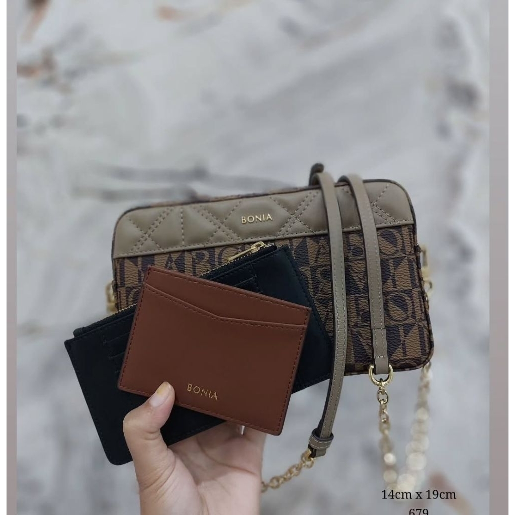 READY STOCK tas bonia original sling bag rantai monogram free card holder