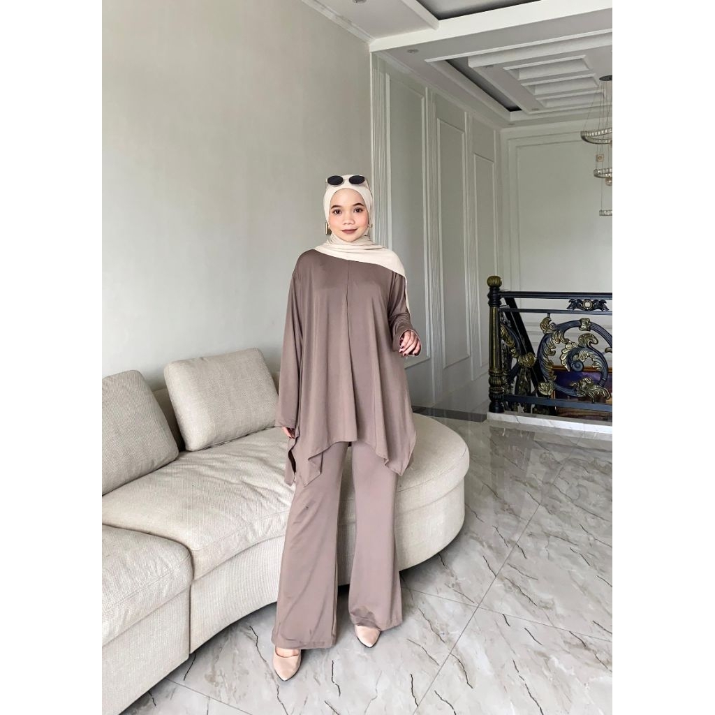 Set lini Jersey/ setelan baju wanita polos atasan mayung Batwing celana kulot semi cutbray/ set baju