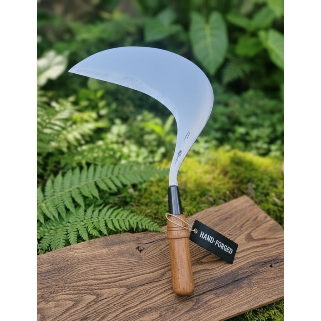 Arit Sabit Rumput Baja Isen Premium Gagang Kayu Jati Super Tajam 45cm Sabit Padi Alat Kebun Berkuali