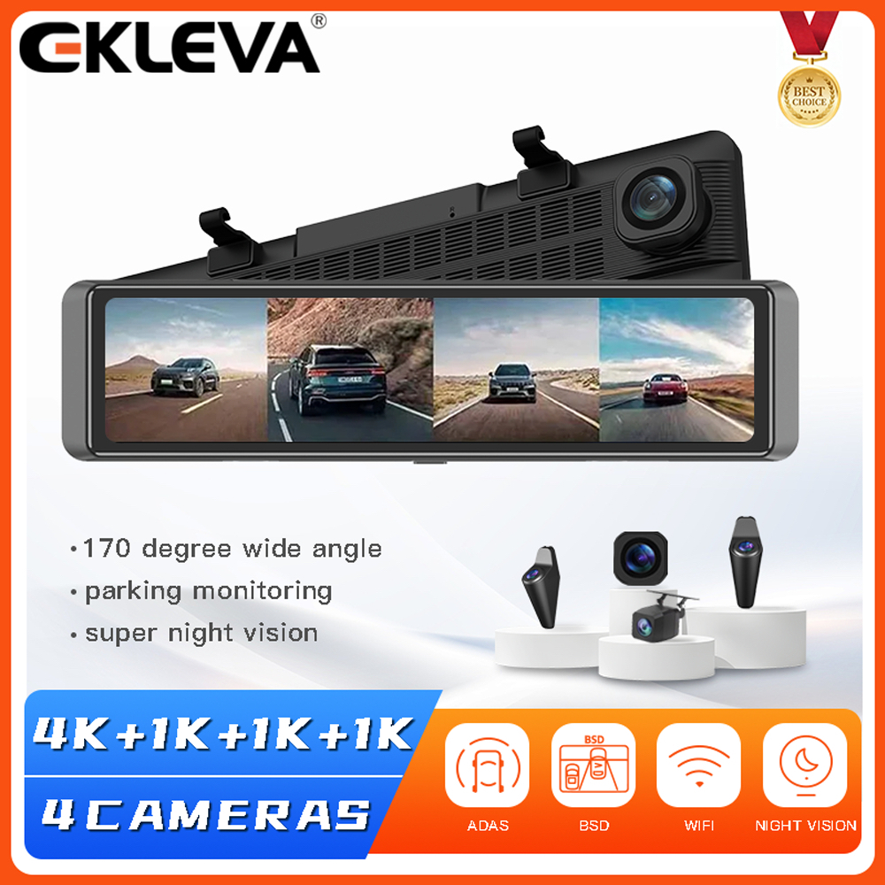 EKLEVA Dashcam Mobil 4 Kamera 11.26 Inci 4K UHD Layar Sentuh DVR Mobil ADAS BSD Support Android IOS