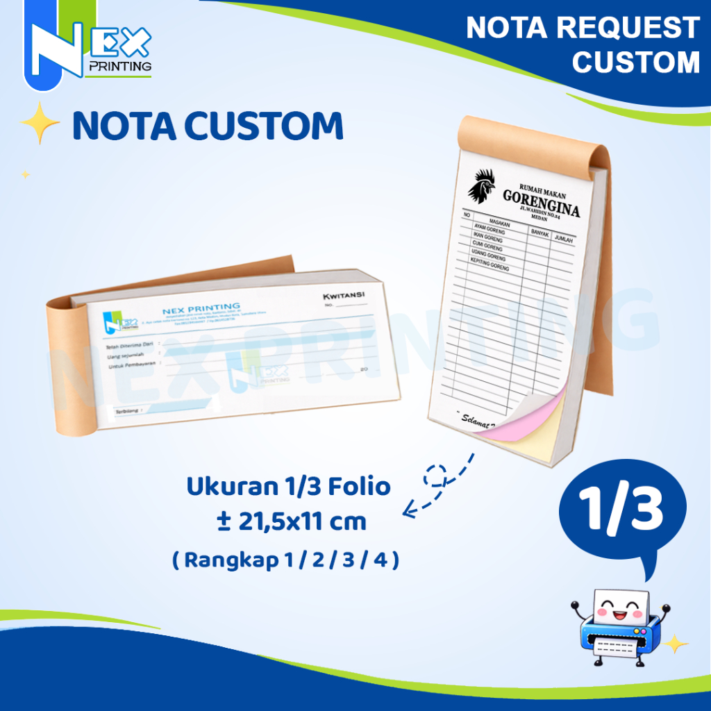 1/3 Cetak Nota Custom Request Ukuran 1/3 Folio Bon Faktur Online Ofline 1ply 2ply 3ply 4ply rangkap 