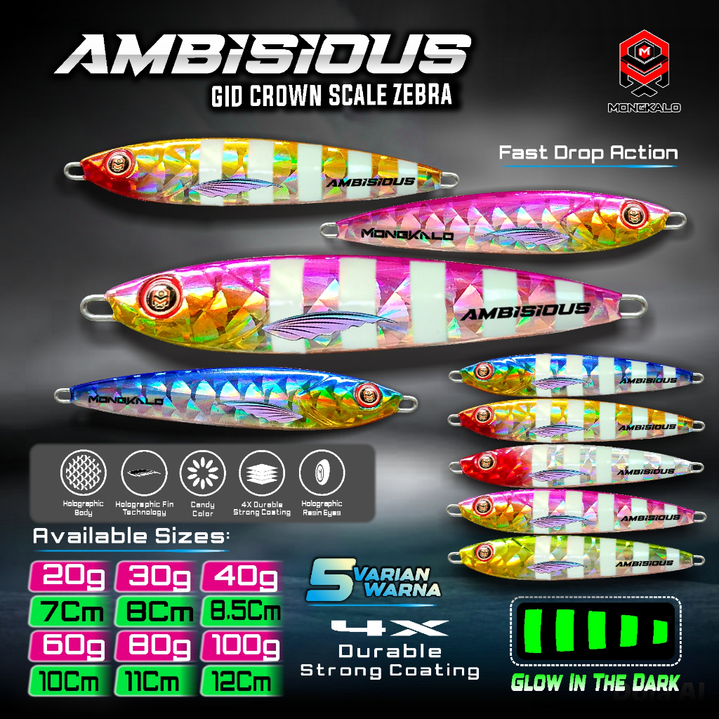 Metal Jig MONGKALO AMBISIOUS GID UV Zebra motif kipas 20 g 30 gr 40g 60 80 100 gram - metaljig 30g m