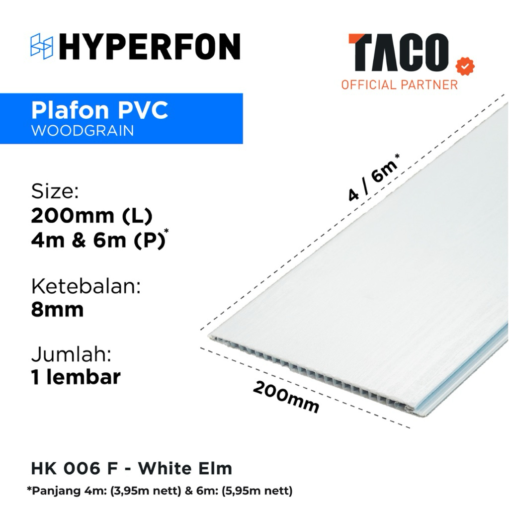 Hyperfon Plafon PVC Serat Kayu Doff Tebal 8mm - HK 006 F White Elm Flat