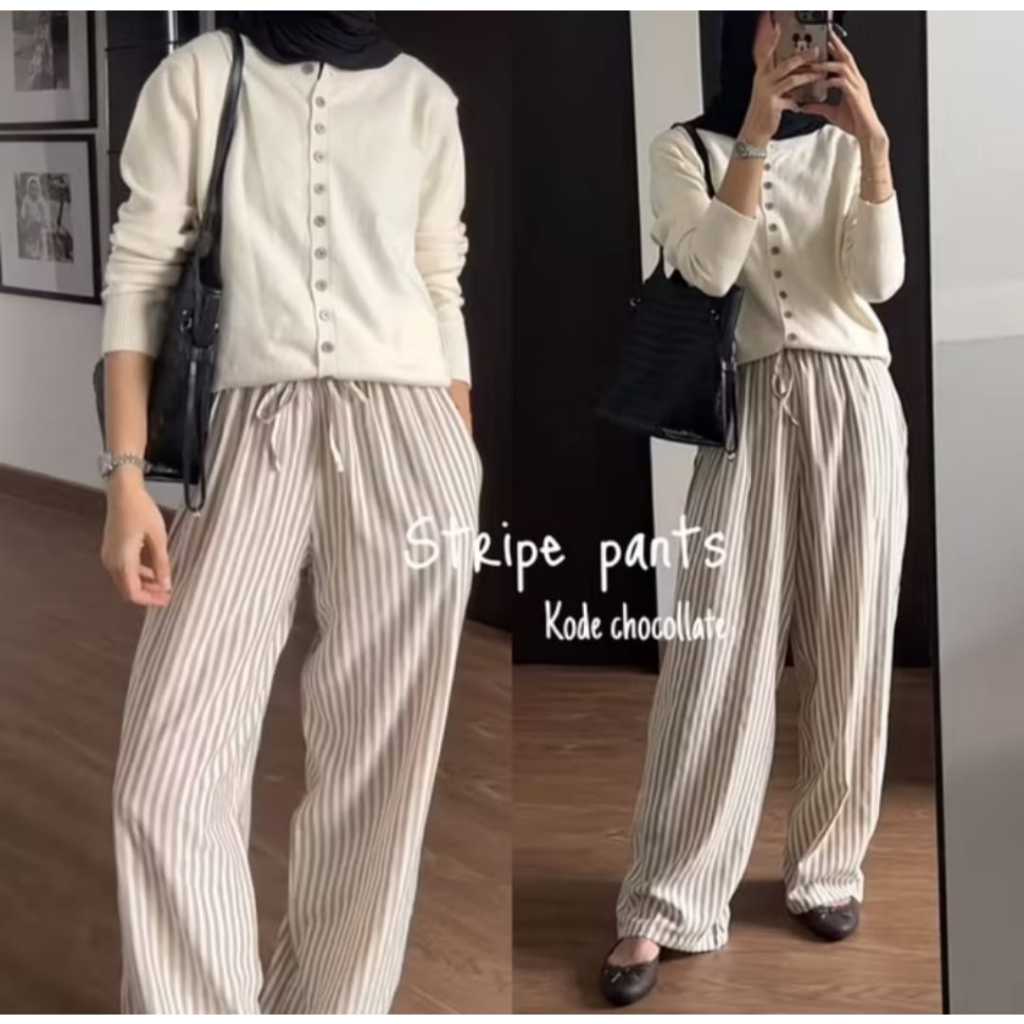 Celana Kulot Wanita Motif Garis Pinstripe | Celana Panjang Baggy Linen Rayon Premium Kerja Kantor Ku