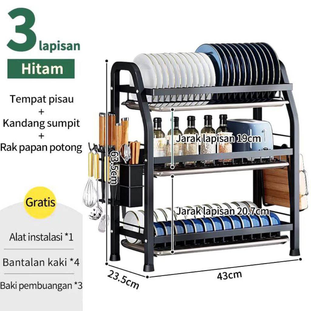 Rak Piring full hitam 3 susun+peniris / rak piring wastafe / rak piring minimalis