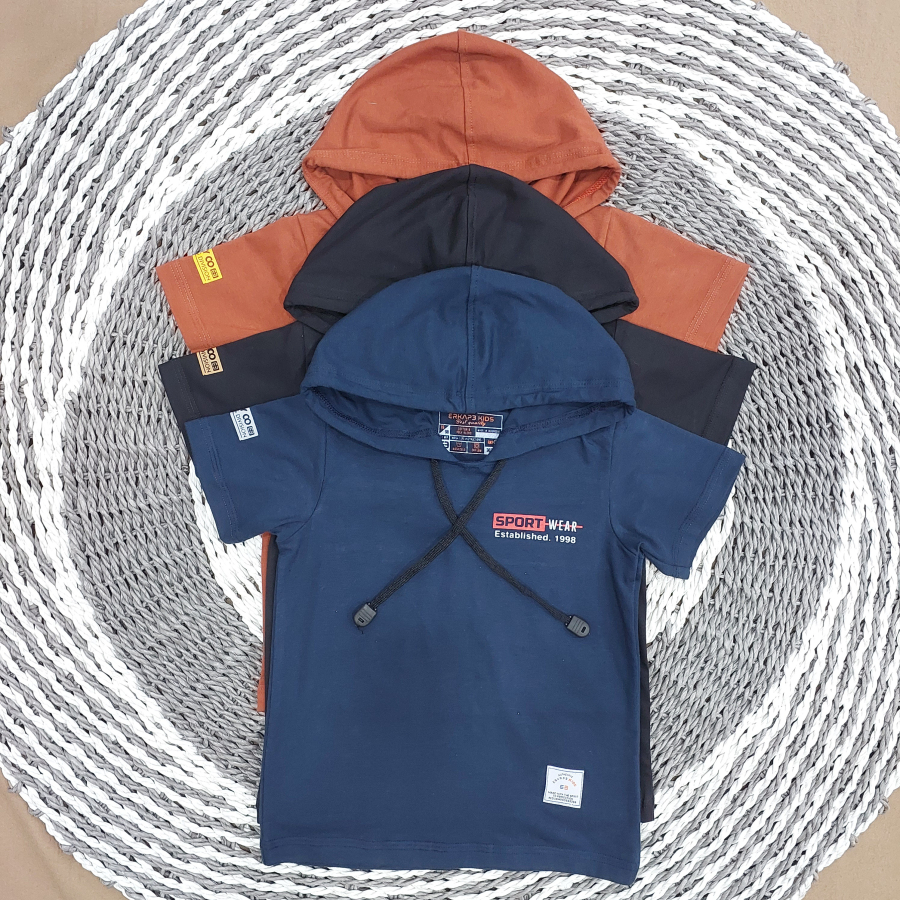ERKAPE Kids Kaos Anak Laki-Laki Lengan Pendek Pakai Topi Hoodie Sport Wear Adem Nyaman