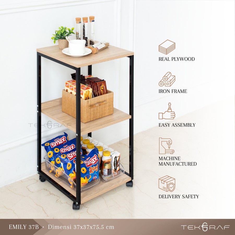 Tekgraf Emily 37 B Rak Troli Susun Rak Dapur Dorong Beroda Serbaguna Meja Nakas Kayu Kaki Besi