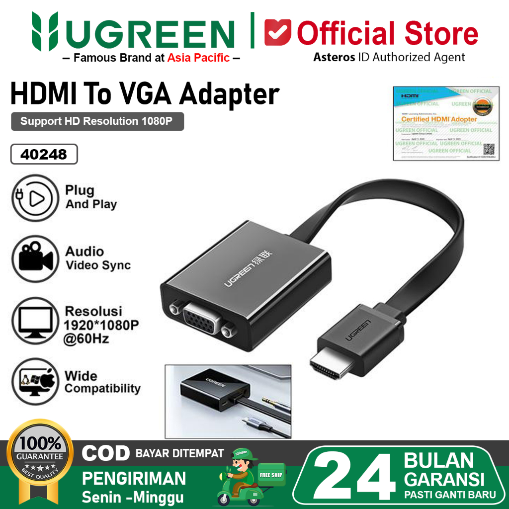UGREEN Kabel Converter HDMI To VGA Female 1080P For PC Laptop TV Proyektor 40248