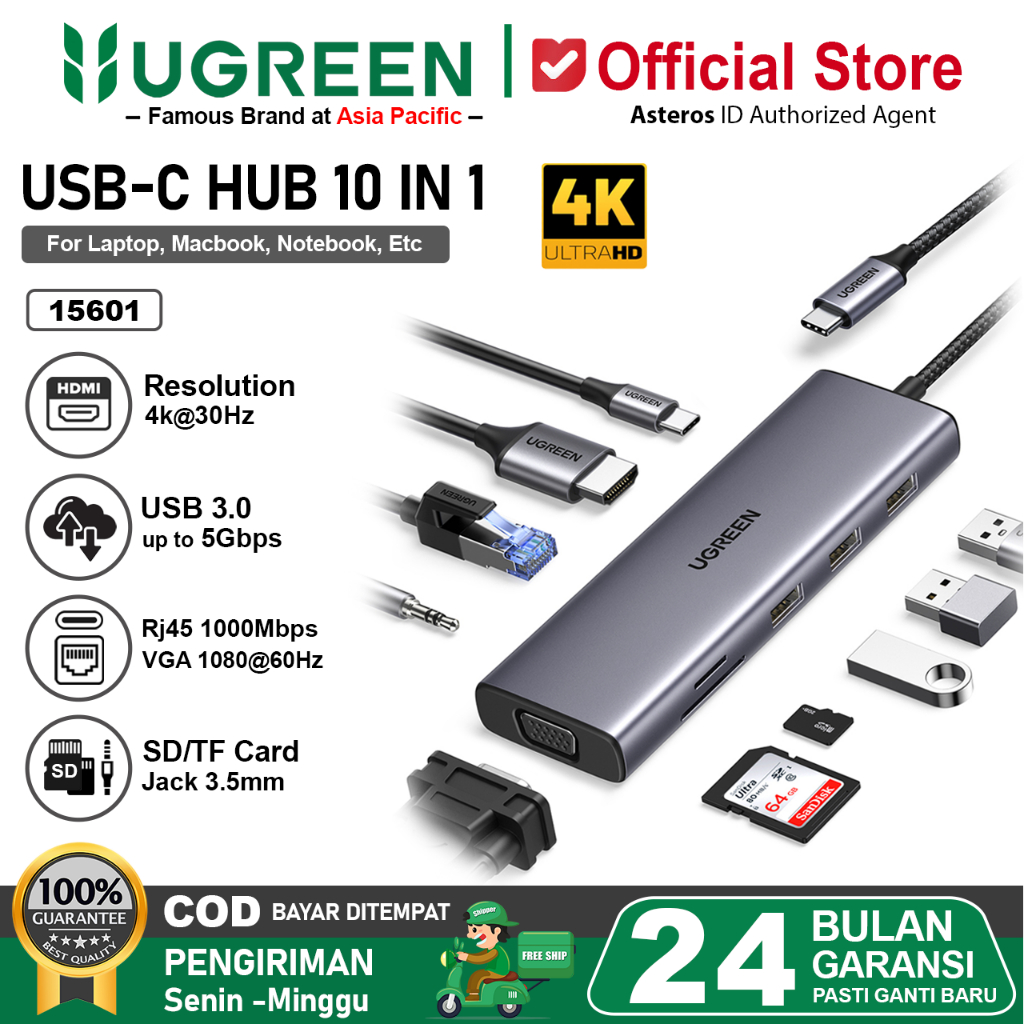 UGREEN USB Hub 10 in 1 Type C To RJ45 HDMI VGA SD Card Aux 3.5mm 15601