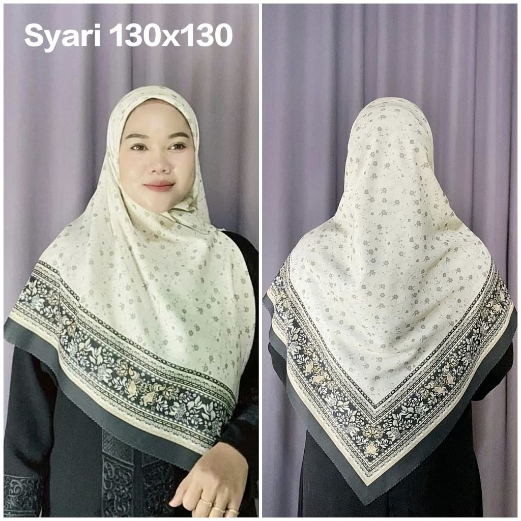 KERUDUNG SYAR'I SEGI EMPAT VOAL HIJAB MOTIF BUNGA LUSI PUTIH HITAM UK 130X130 JUMBO