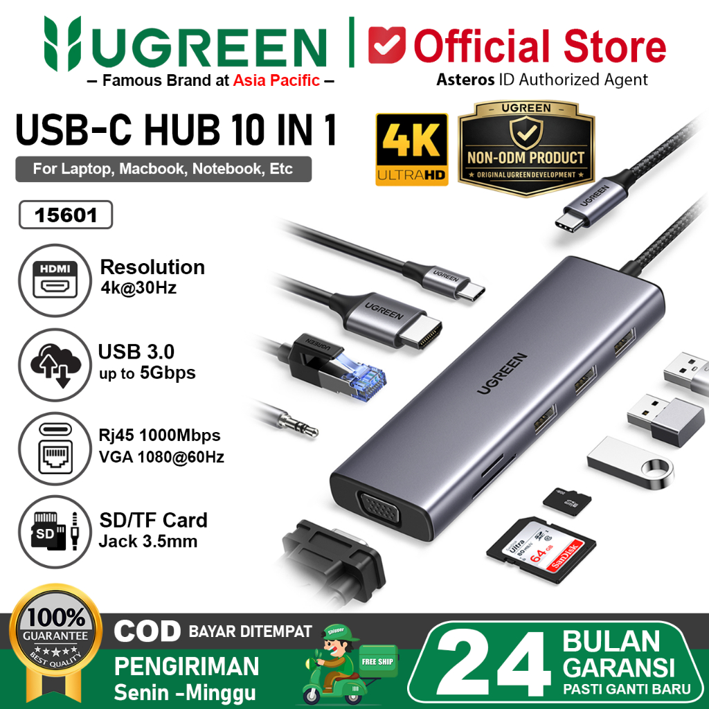 UGREEN USB Hub 10 in 1 Type C To RJ45 HDMI VGA SD Card Aux 3.5mm 15601