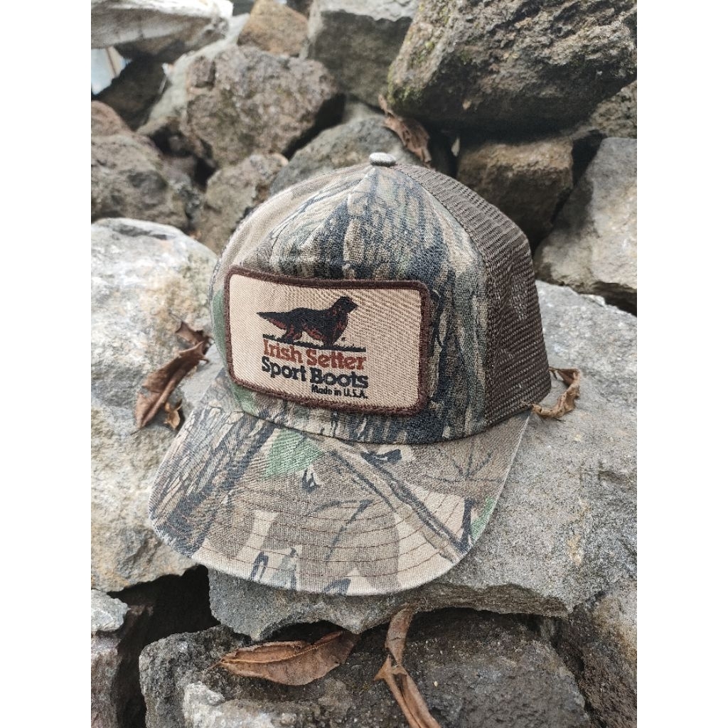 Vintage Sport Boots Irish Setter Trucker Hat Made In USA Bubble Camo Patch 80s