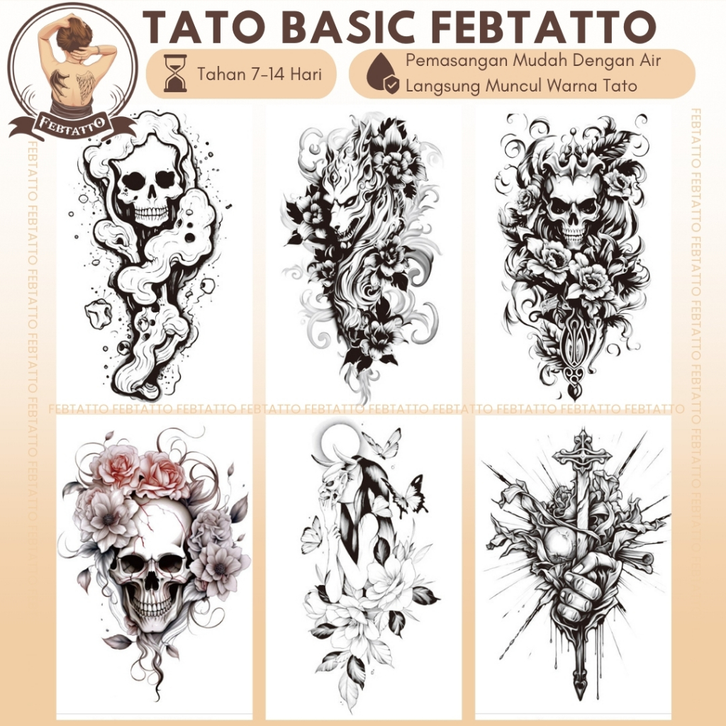 TERBARU Stiker Tato Temporer Tahan 1-2 Minggu 11x21cm Tatto Temporary Semi PermanenT tengkorak bunga