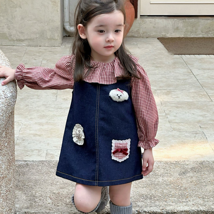 Set Gaun Tali Kartun Gadis Kemeja Boneka Kotak-kotak